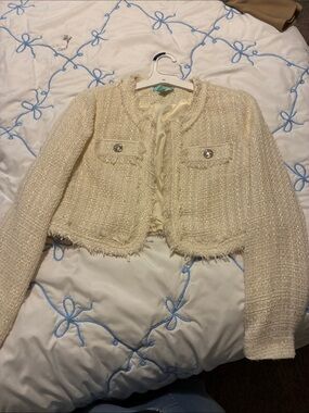 Cropped Cream Tweed Frayed-Trim Blazer